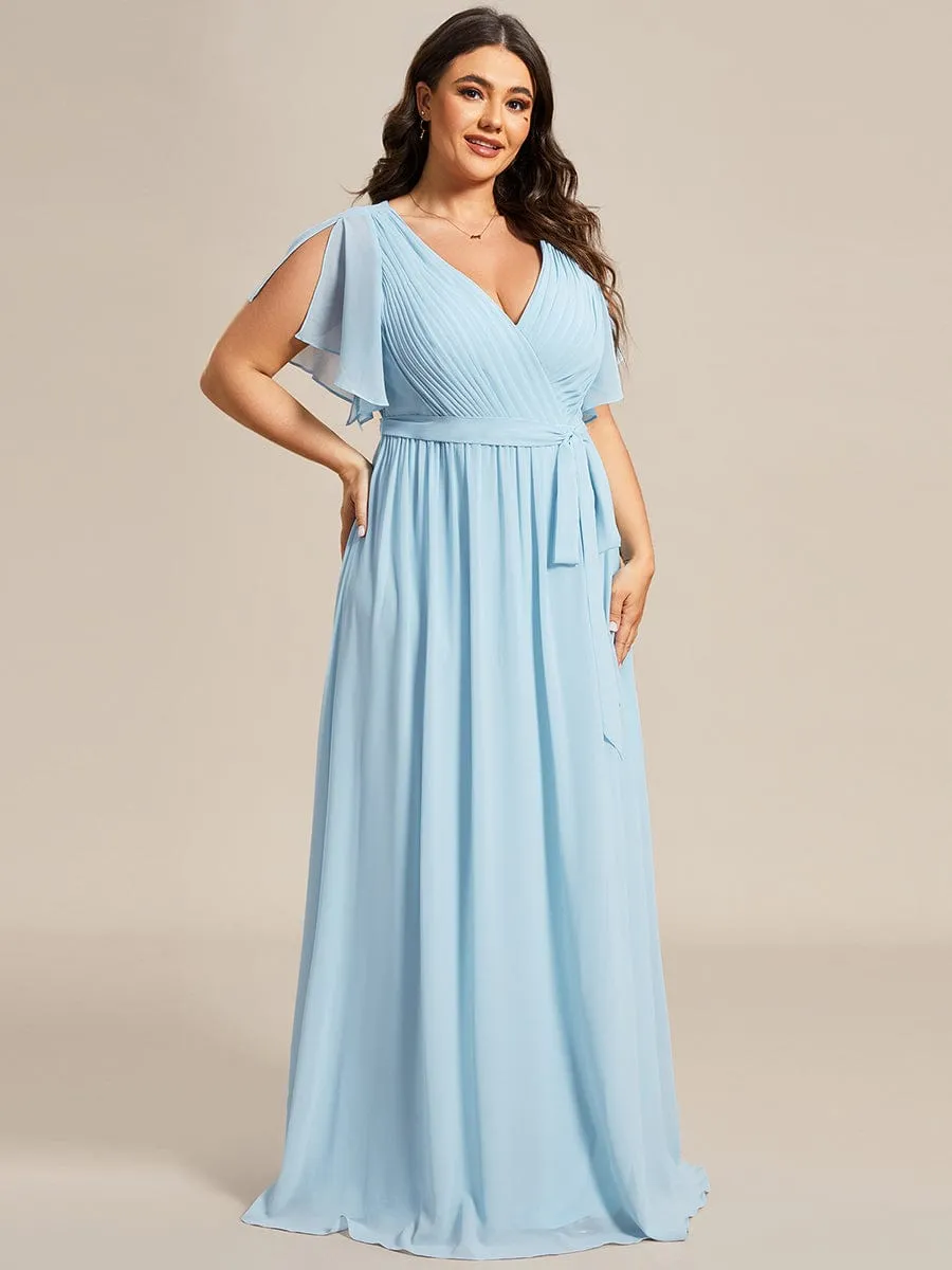 V-Neck Flutter Sleeve Floor-Length A-Line Chiffon Evening Dress