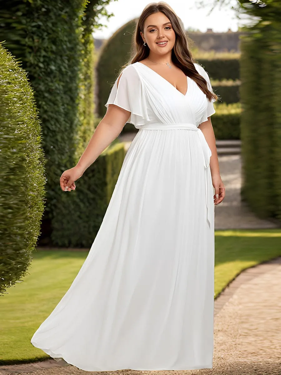 V-Neck Flutter Sleeve Floor-Length A-Line Chiffon Evening Dress