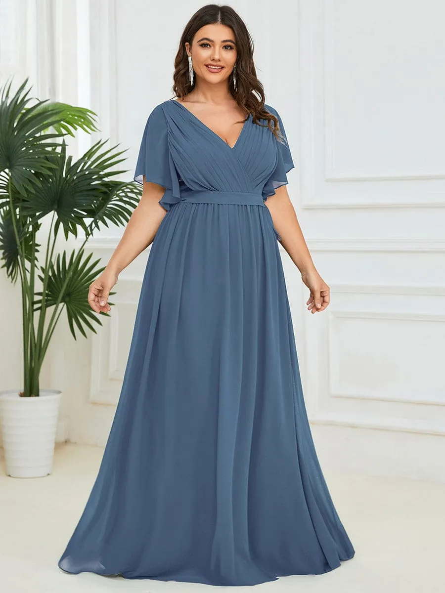 V-Neck Flutter Sleeve Floor-Length A-Line Chiffon Evening Dress