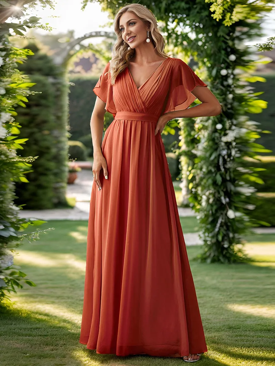 V-Neck Flutter Sleeve Floor-Length A-Line Chiffon Evening Dress