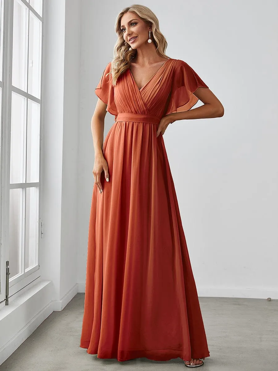 V-Neck Flutter Sleeve Floor-Length A-Line Chiffon Evening Dress