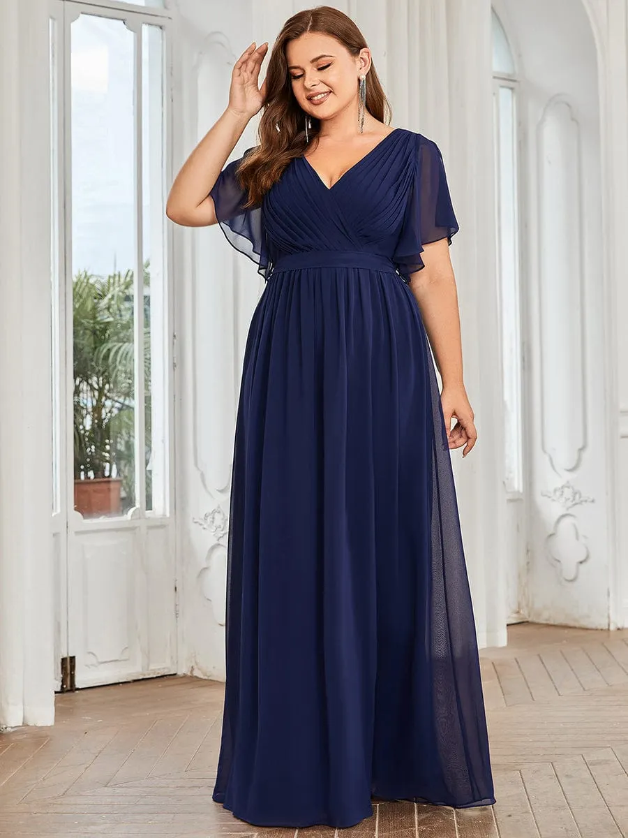 V-Neck Flutter Sleeve Floor-Length A-Line Chiffon Evening Dress