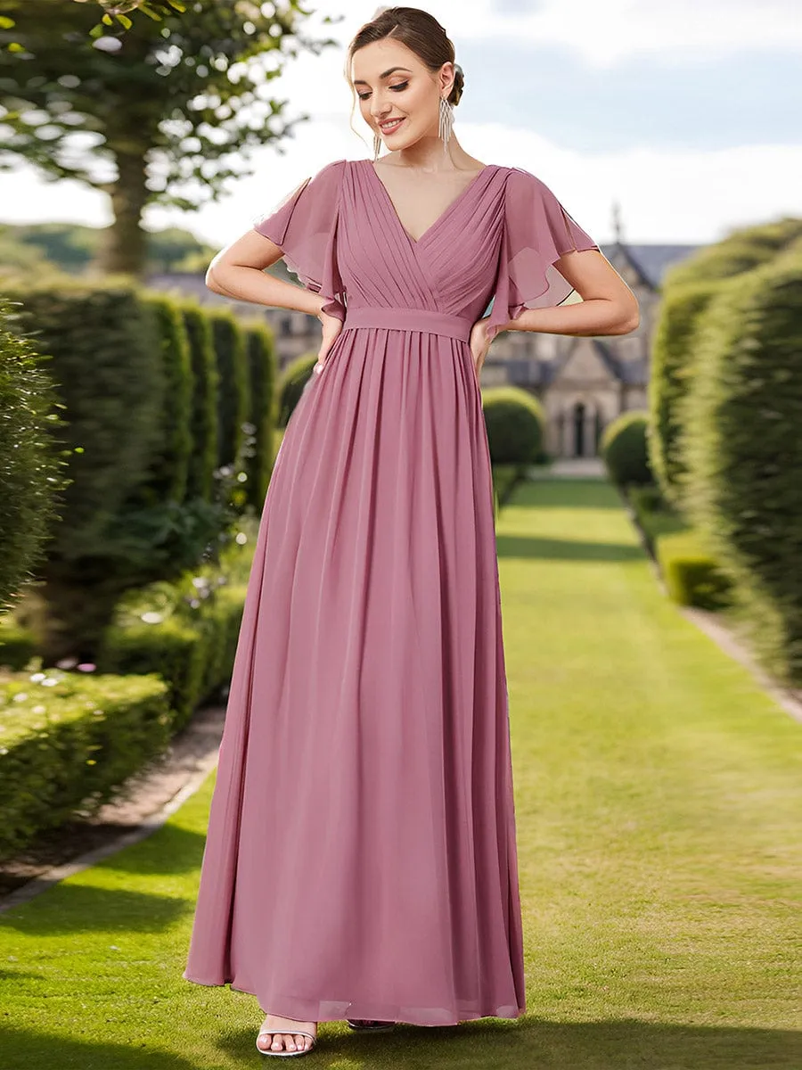 V-Neck Flutter Sleeve Floor-Length A-Line Chiffon Evening Dress