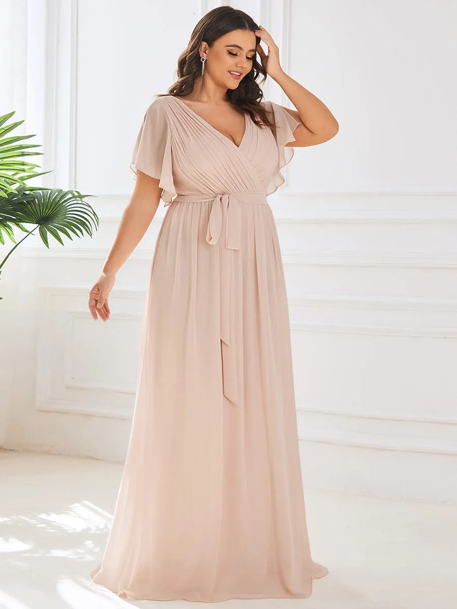 V-Neck Flutter Sleeve Floor-Length A-Line Chiffon Evening Dress