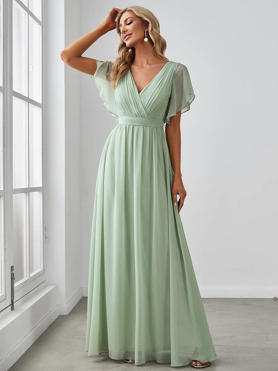 V-Neck Flutter Sleeve Floor-Length A-Line Chiffon Evening Dress