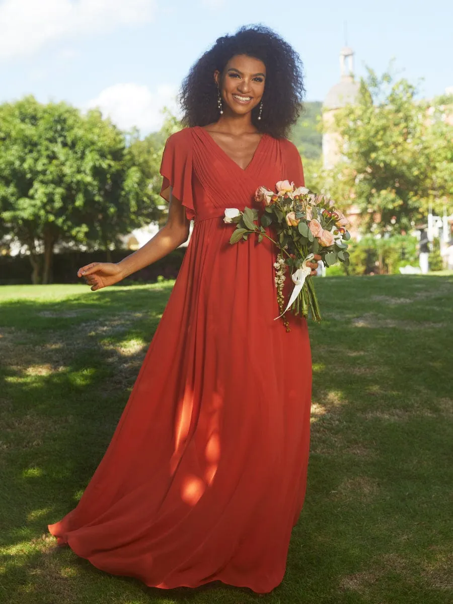 V-Neck Flutter Sleeve Floor-Length A-Line Chiffon Evening Dress