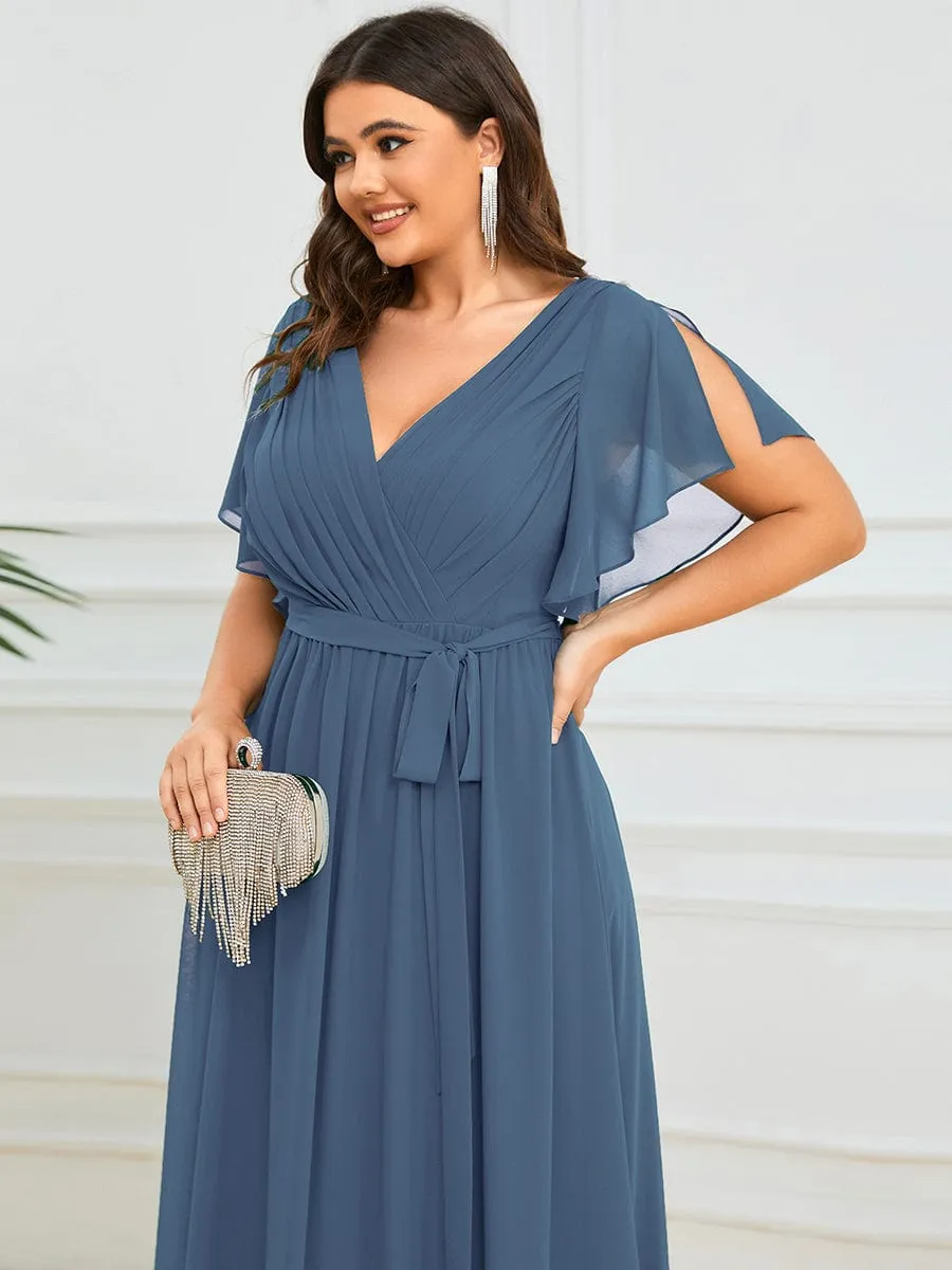 V-Neck Flutter Sleeve Floor-Length A-Line Chiffon Evening Dress