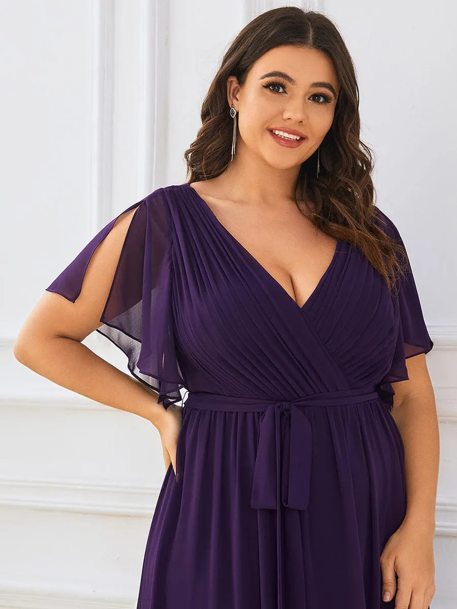 V-Neck Flutter Sleeve Floor-Length A-Line Chiffon Evening Dress