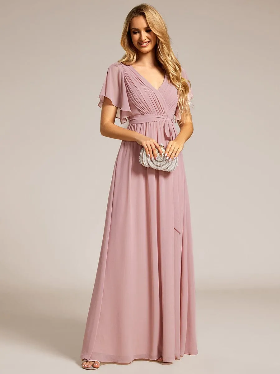 V-Neck Flutter Sleeve Floor-Length A-Line Chiffon Evening Dress
