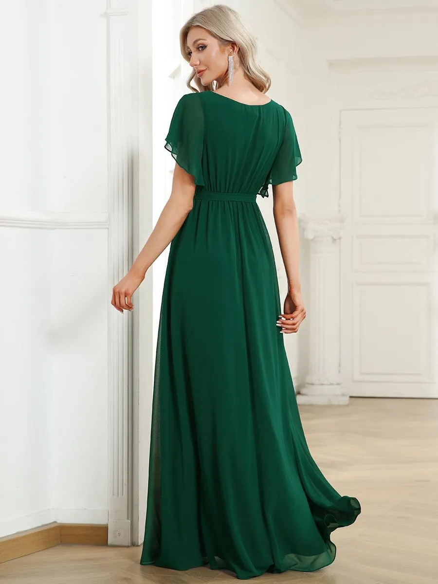 V-Neck Flutter Sleeve Floor-Length A-Line Chiffon Evening Dress