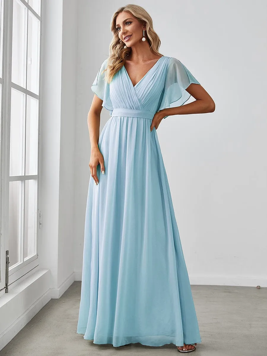 V-Neck Flutter Sleeve Floor-Length A-Line Chiffon Evening Dress