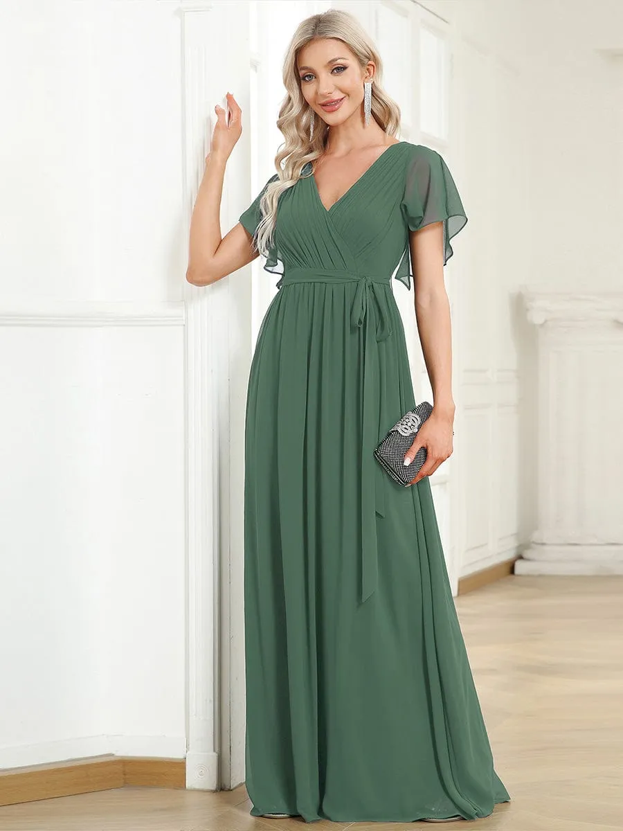 V-Neck Flutter Sleeve Floor-Length A-Line Chiffon Evening Dress