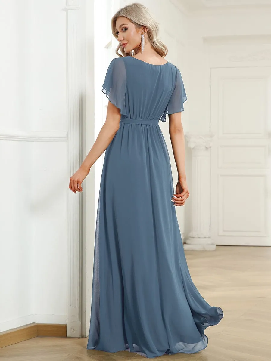 V-Neck Flutter Sleeve Floor-Length A-Line Chiffon Evening Dress