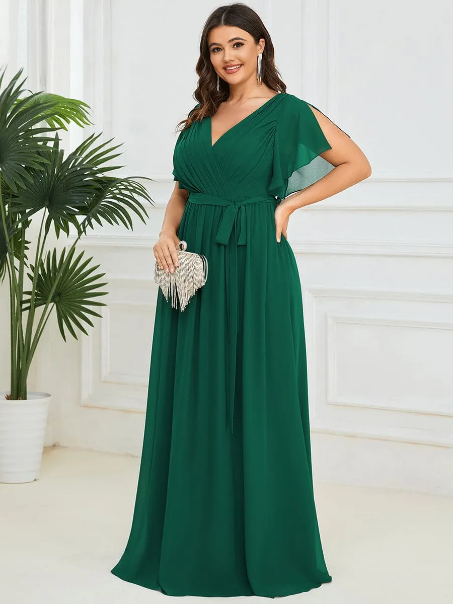 V-Neck Flutter Sleeve Floor-Length A-Line Chiffon Evening Dress