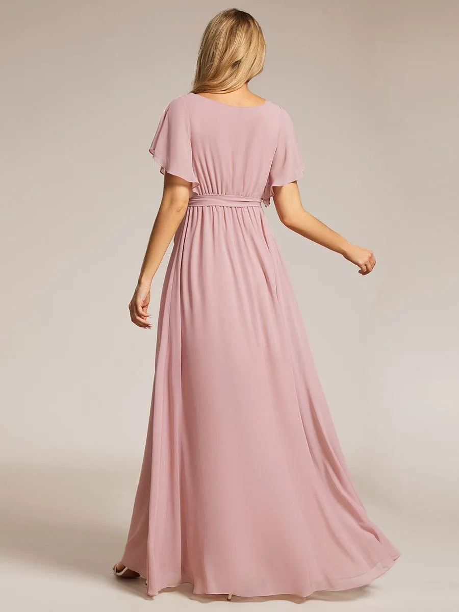 V-Neck Flutter Sleeve Floor-Length A-Line Chiffon Evening Dress