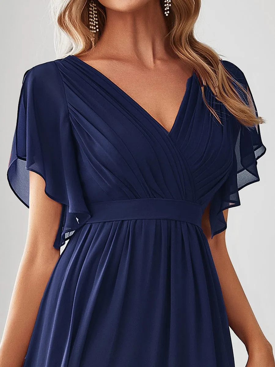 V-Neck Flutter Sleeve Floor-Length A-Line Chiffon Evening Dress