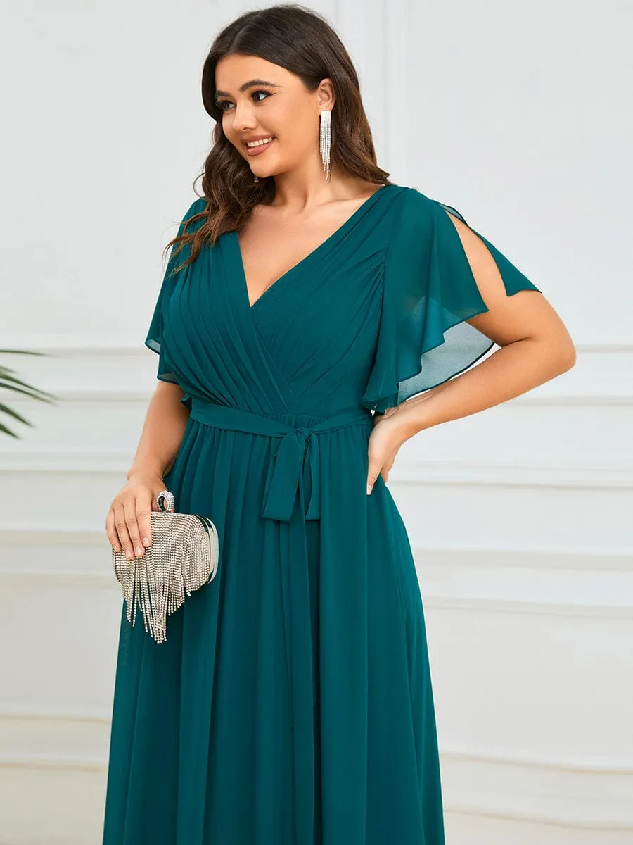 V-Neck Flutter Sleeve Floor-Length A-Line Chiffon Evening Dress