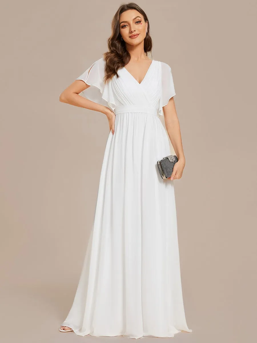 V-Neck Flutter Sleeve Floor-Length A-Line Chiffon Evening Dress