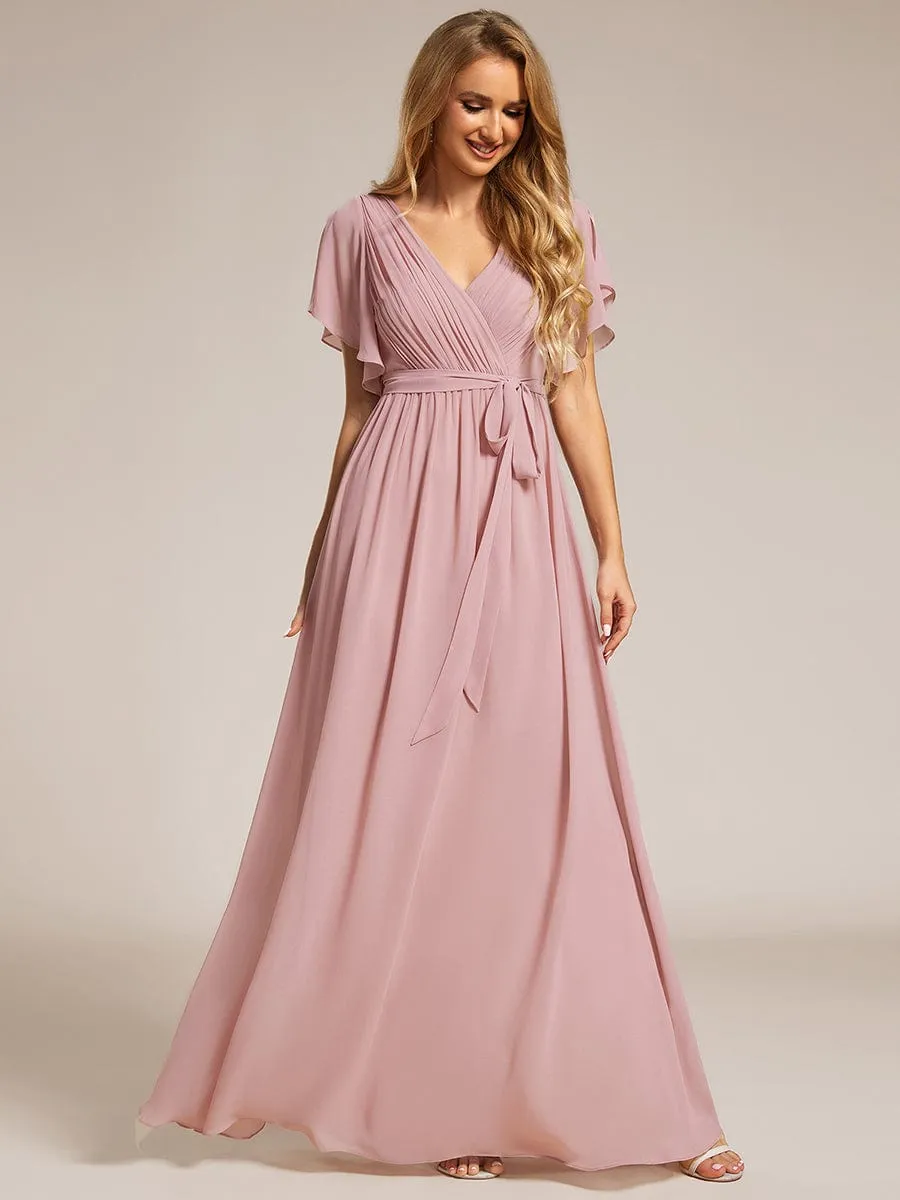V-Neck Flutter Sleeve Floor-Length A-Line Chiffon Evening Dress