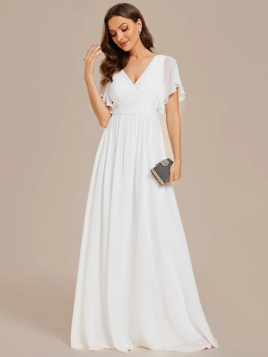 V-Neck Flutter Sleeve Floor-Length A-Line Chiffon Evening Dress