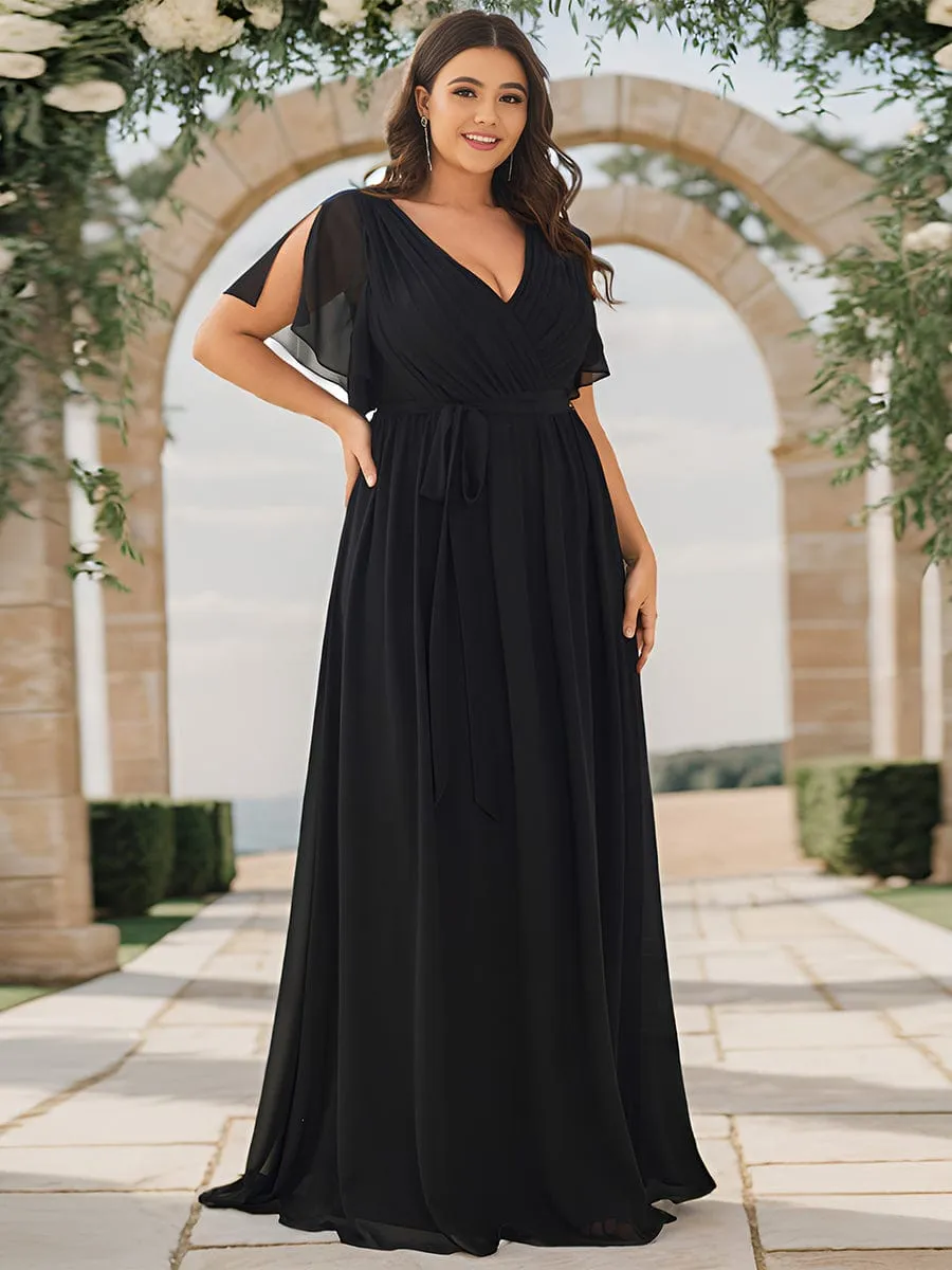 V-Neck Flutter Sleeve Floor-Length A-Line Chiffon Evening Dress