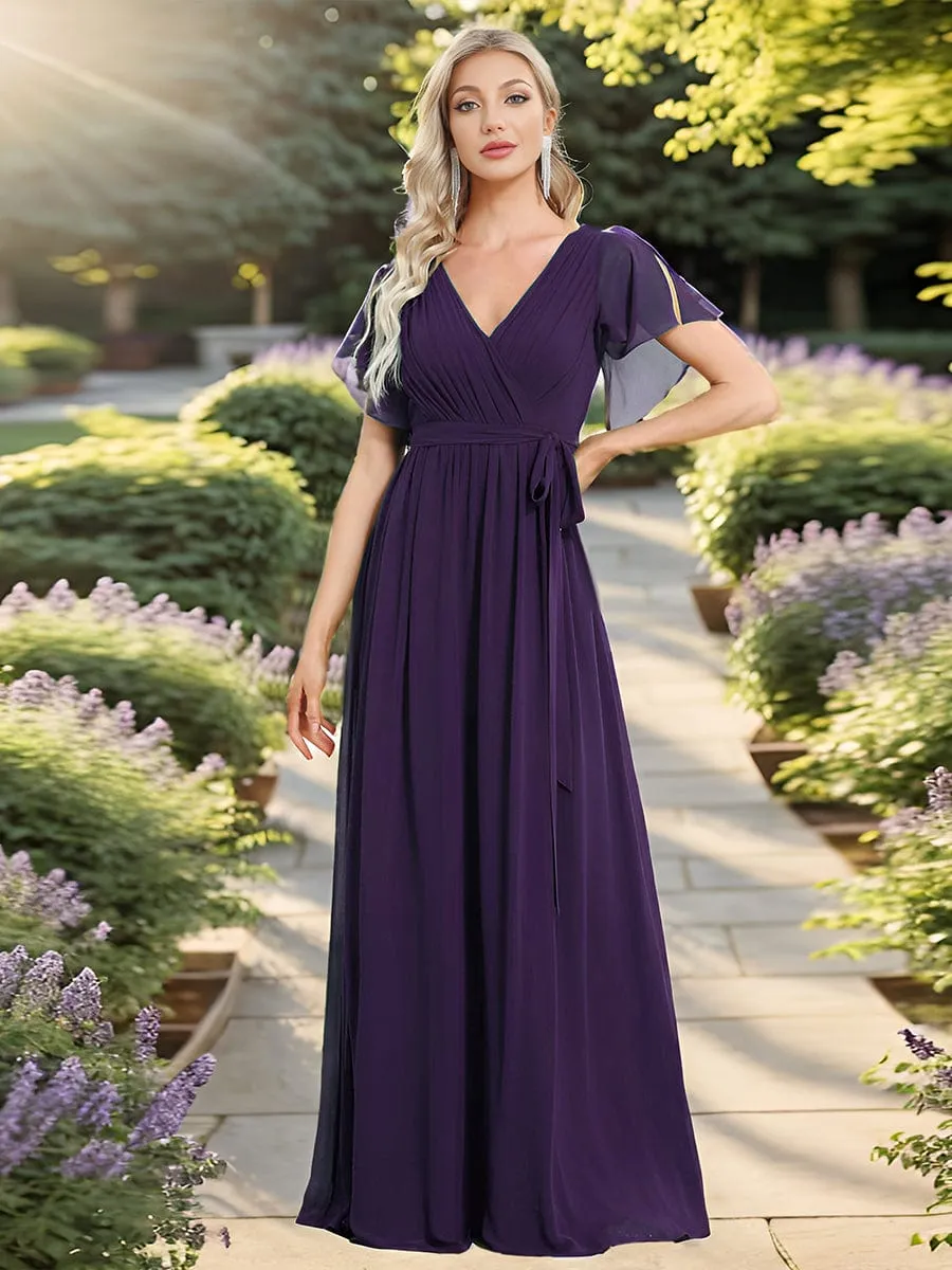 V-Neck Flutter Sleeve Floor-Length A-Line Chiffon Evening Dress