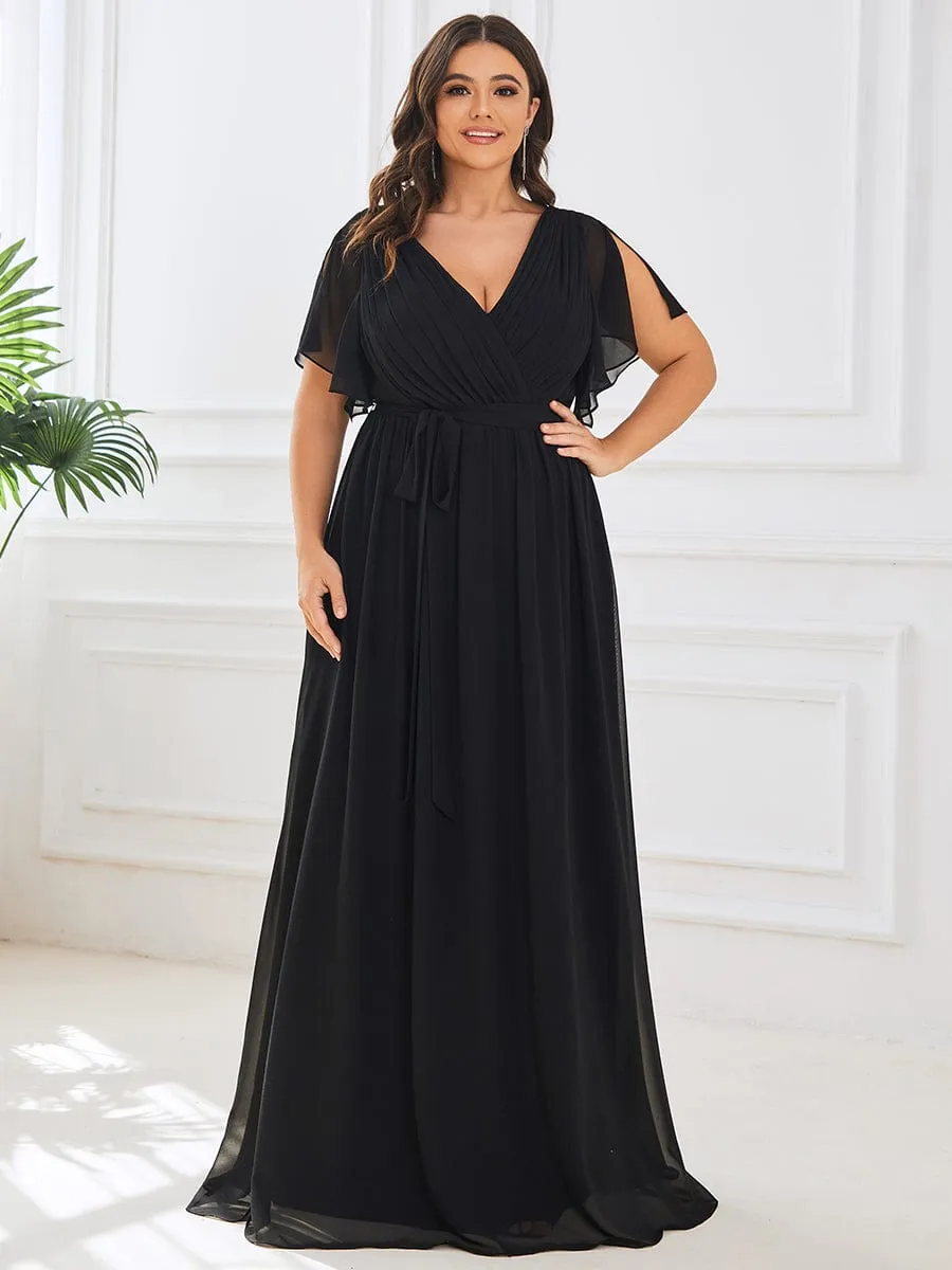 V-Neck Flutter Sleeve Floor-Length A-Line Chiffon Evening Dress