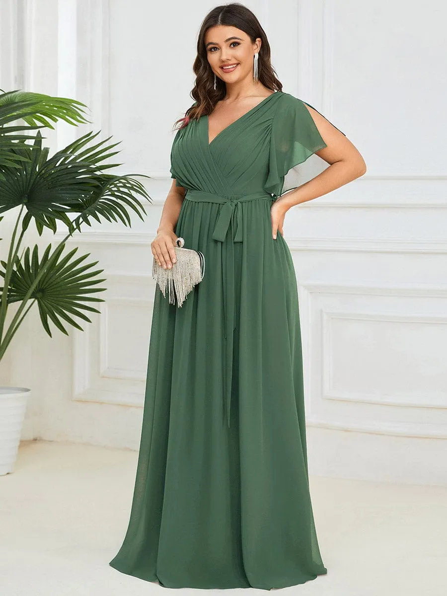 V-Neck Flutter Sleeve Floor-Length A-Line Chiffon Evening Dress
