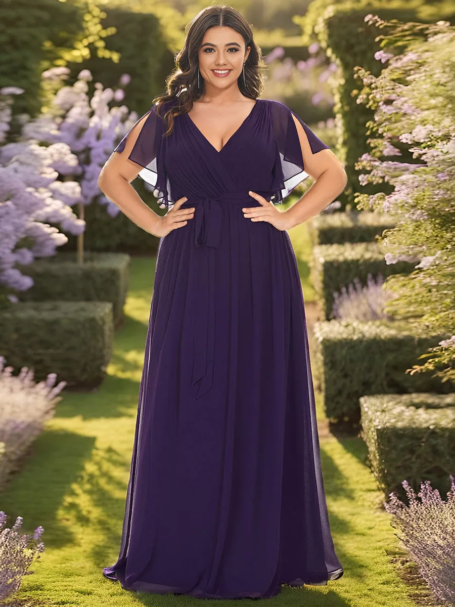 V-Neck Flutter Sleeve Floor-Length A-Line Chiffon Evening Dress