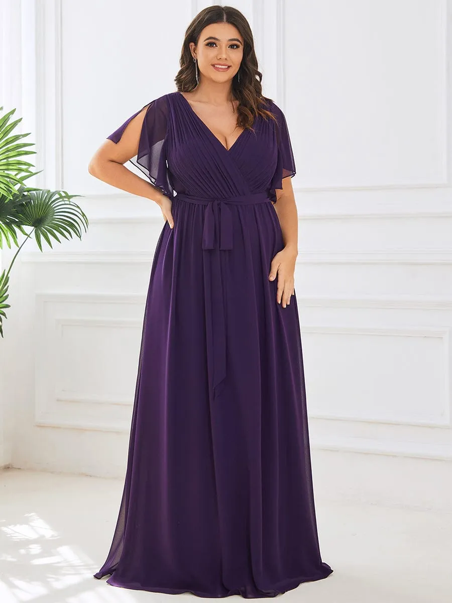 V-Neck Flutter Sleeve Floor-Length A-Line Chiffon Evening Dress