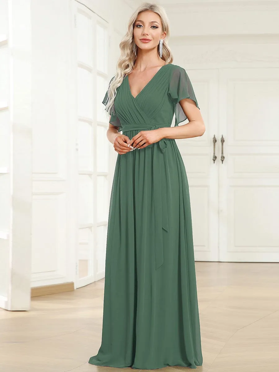 V-Neck Flutter Sleeve Floor-Length A-Line Chiffon Evening Dress