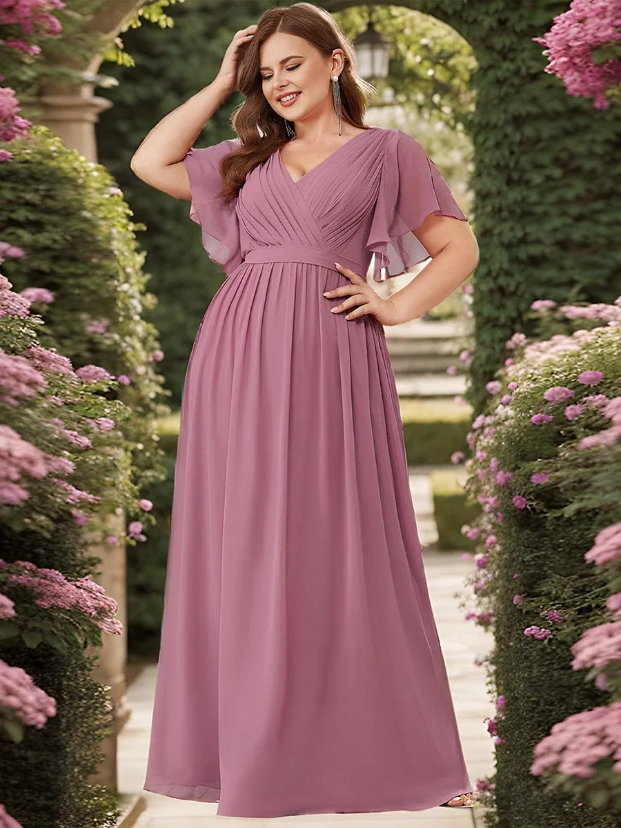 V-Neck Flutter Sleeve Floor-Length A-Line Chiffon Evening Dress