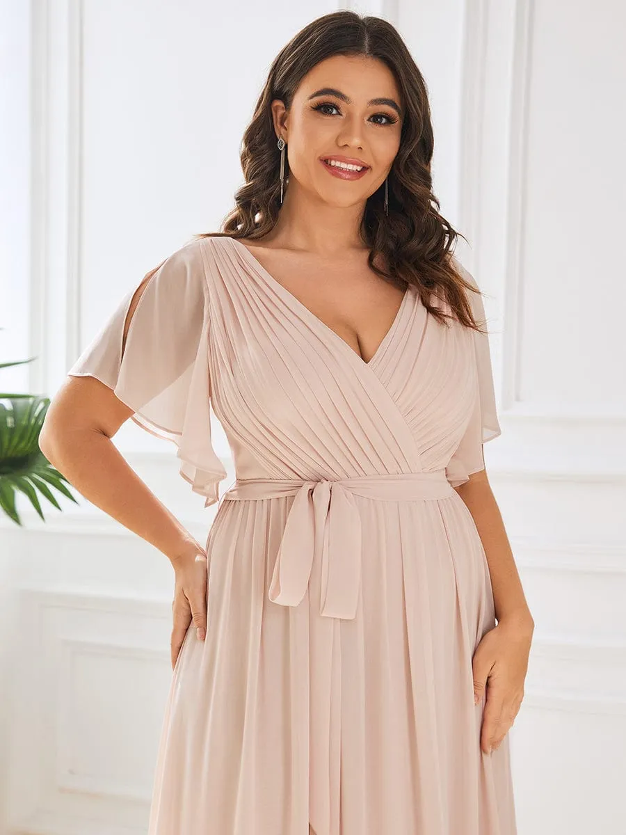 V-Neck Flutter Sleeve Floor-Length A-Line Chiffon Evening Dress