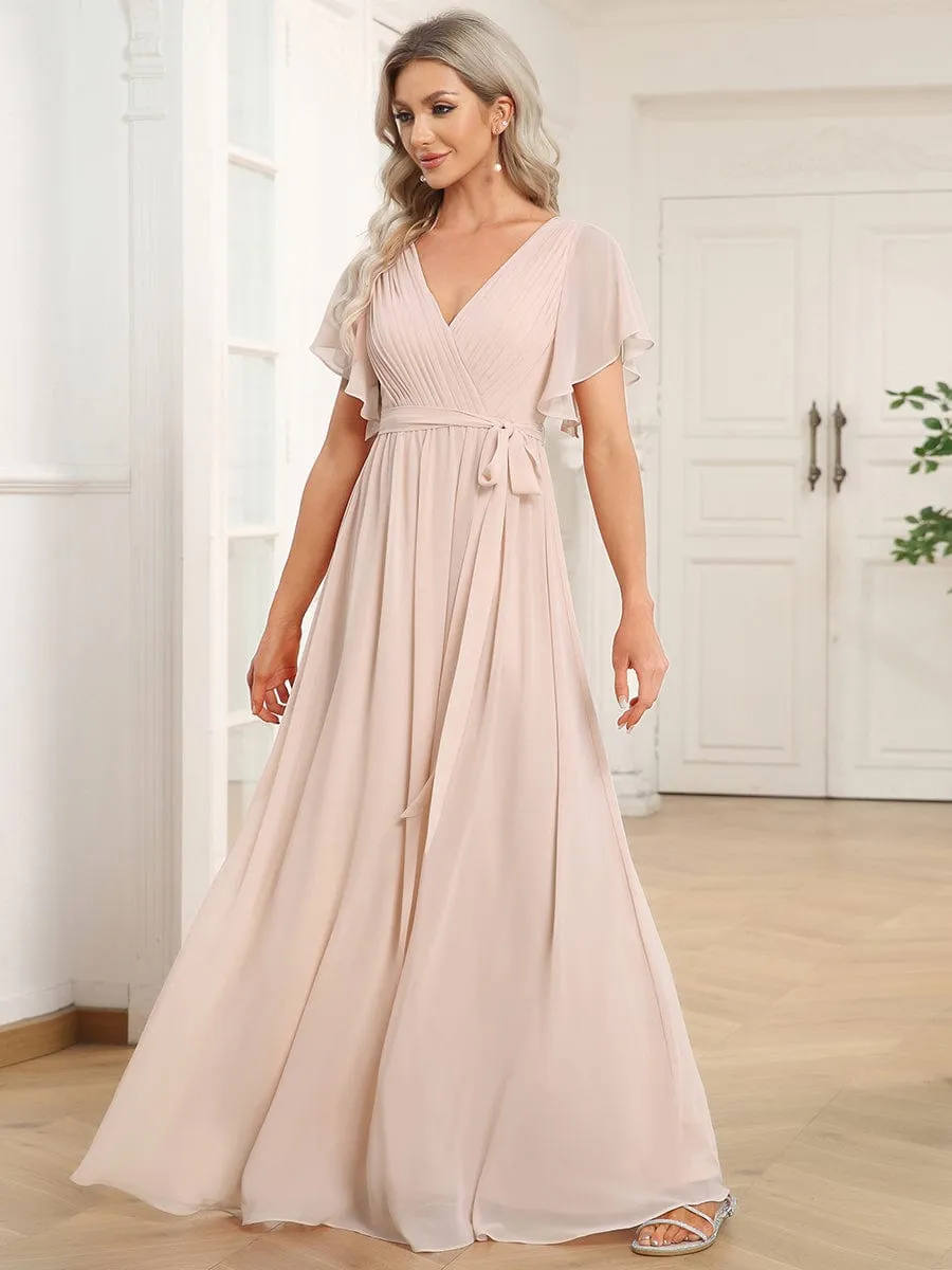 V-Neck Flutter Sleeve Floor-Length A-Line Chiffon Evening Dress