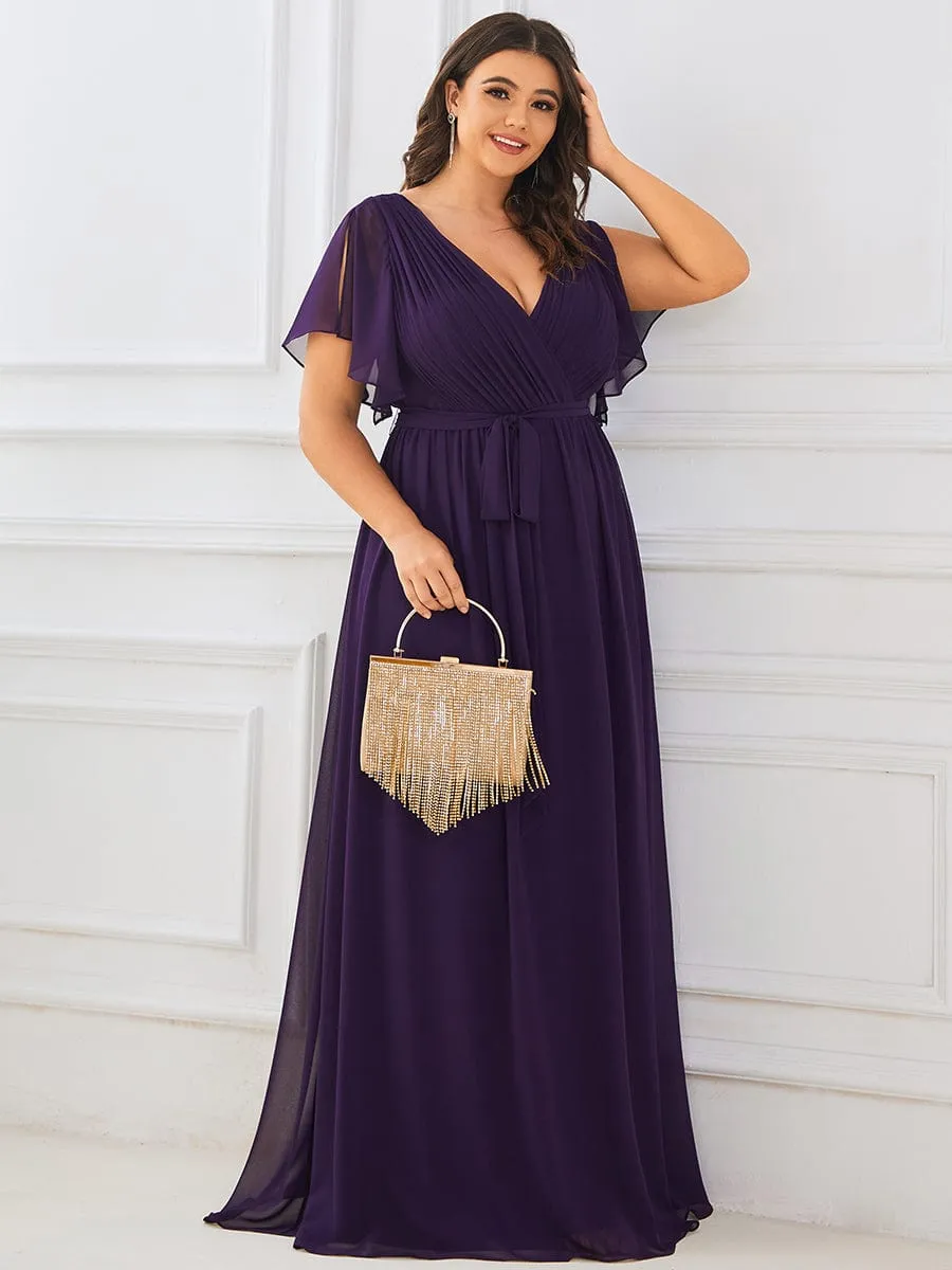 V-Neck Flutter Sleeve Floor-Length A-Line Chiffon Evening Dress