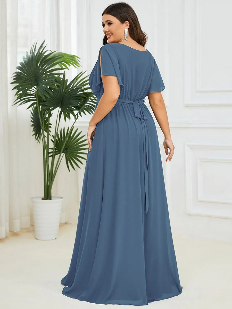 V-Neck Flutter Sleeve Floor-Length A-Line Chiffon Evening Dress