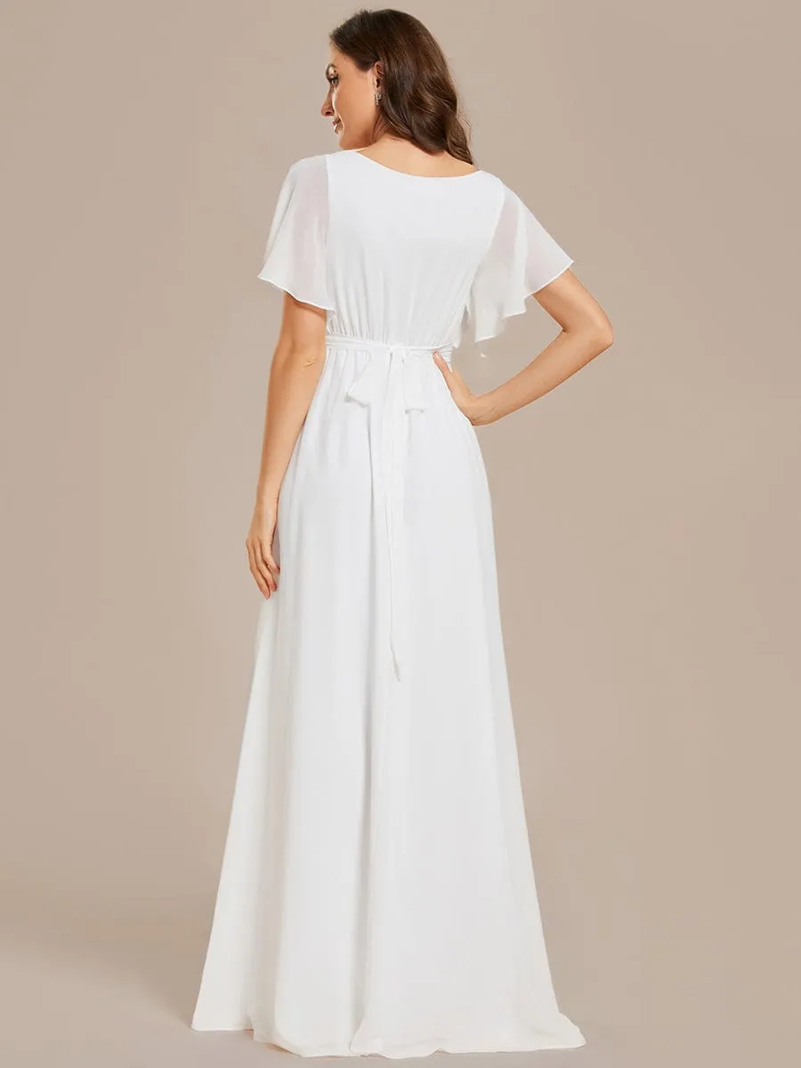 V-Neck Flutter Sleeve Floor-Length A-Line Chiffon Evening Dress