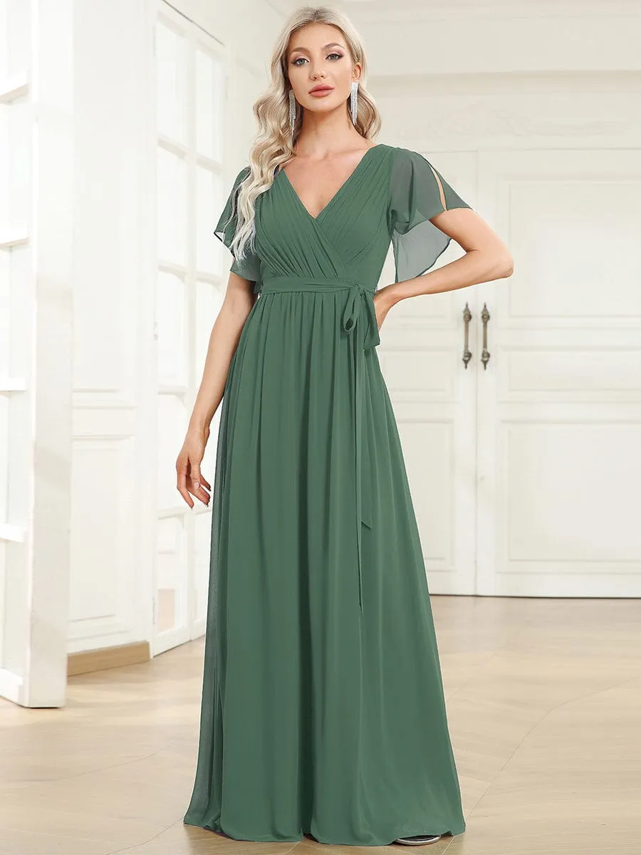 V-Neck Flutter Sleeve Floor-Length A-Line Chiffon Evening Dress