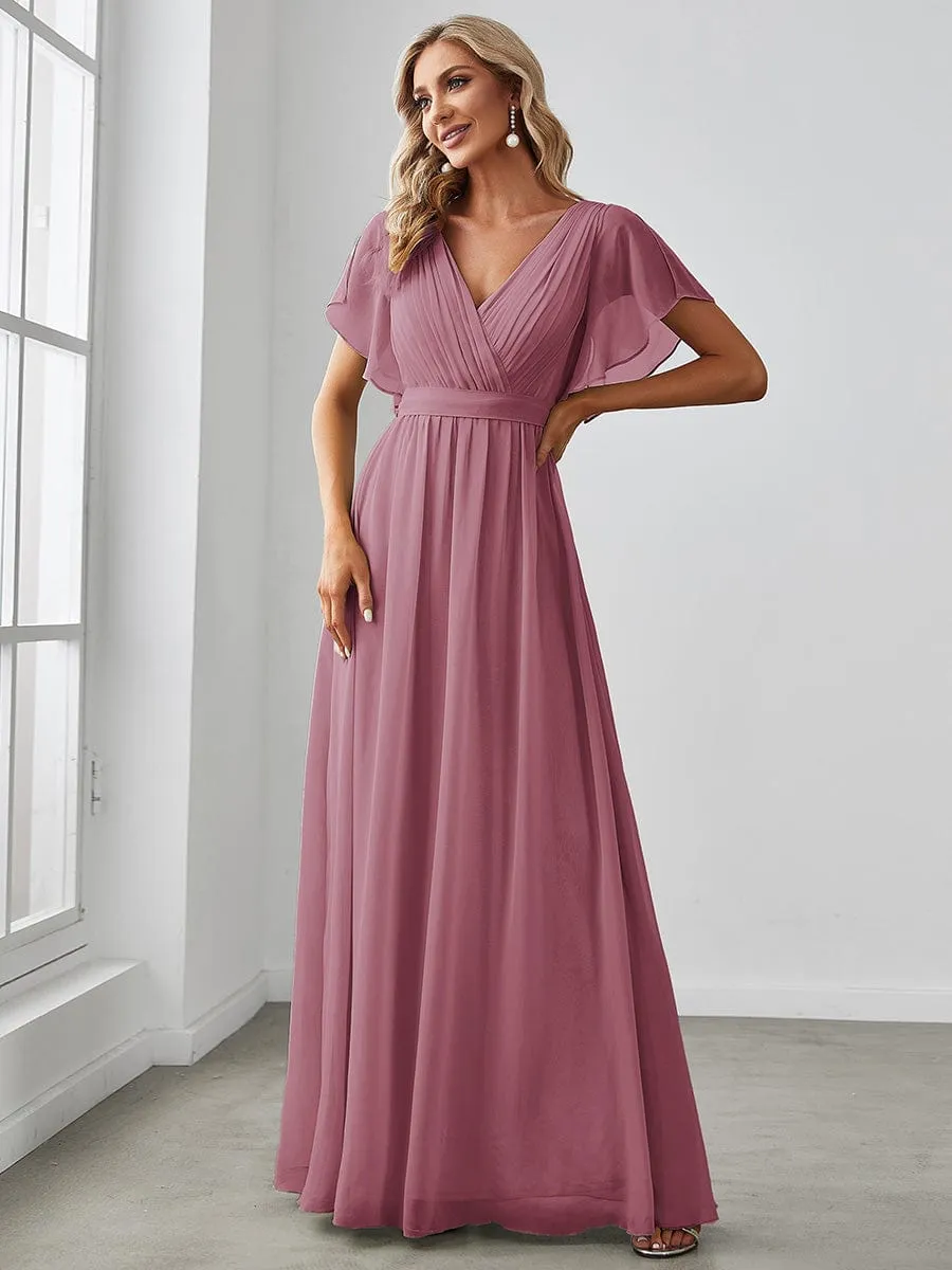 V-Neck Flutter Sleeve Floor-Length A-Line Chiffon Evening Dress