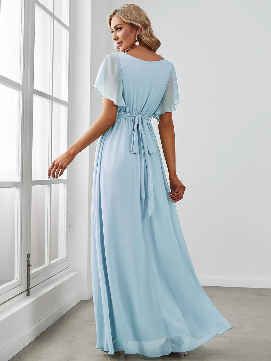 V-Neck Flutter Sleeve Floor-Length A-Line Chiffon Evening Dress