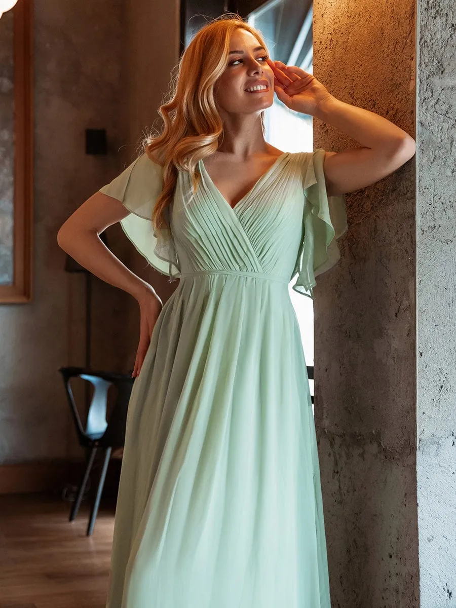 V-Neck Flutter Sleeve Floor-Length A-Line Chiffon Evening Dress