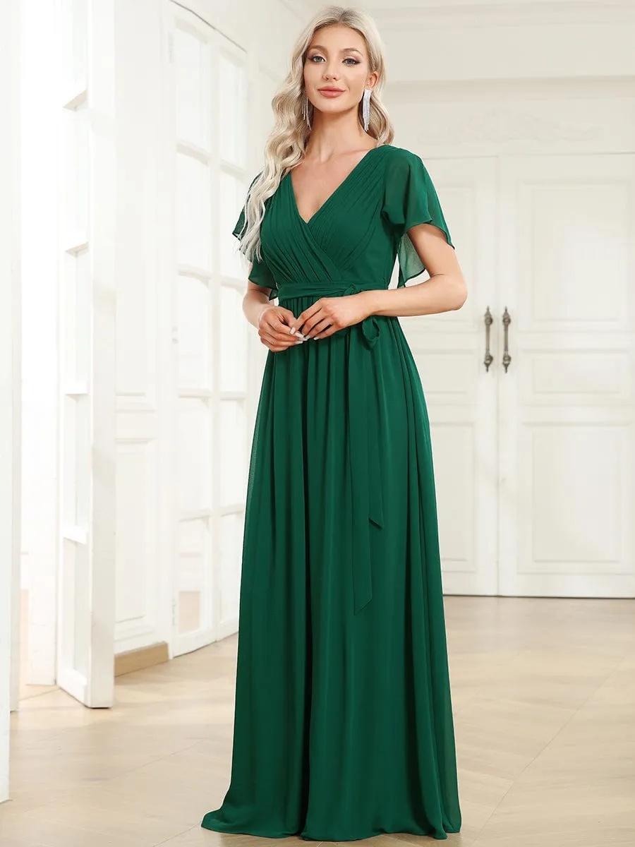 V-Neck Flutter Sleeve Floor-Length A-Line Chiffon Evening Dress