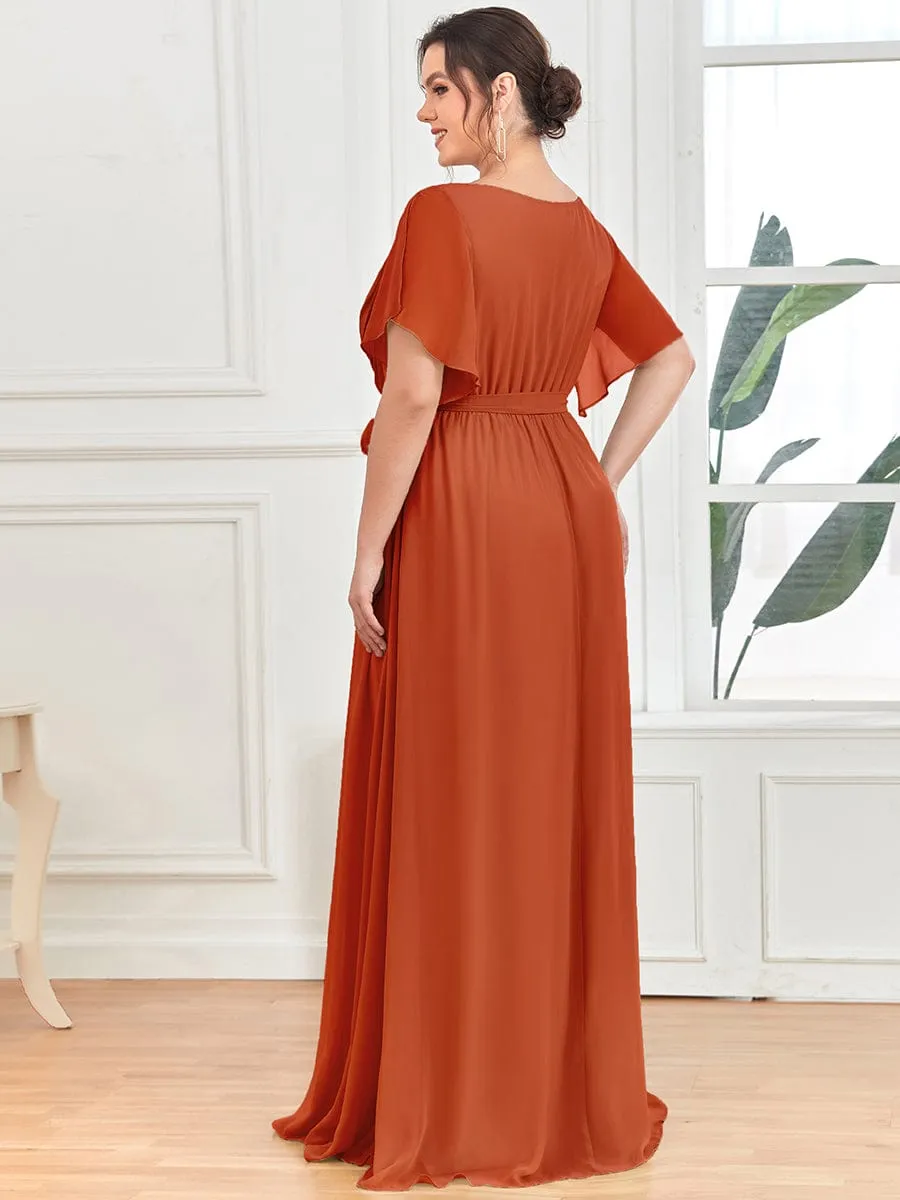 V-Neck Flutter Sleeve Floor-Length A-Line Chiffon Evening Dress