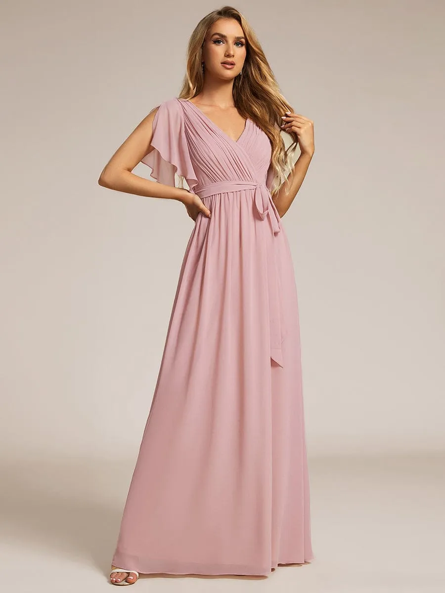 V-Neck Flutter Sleeve Floor-Length A-Line Chiffon Evening Dress