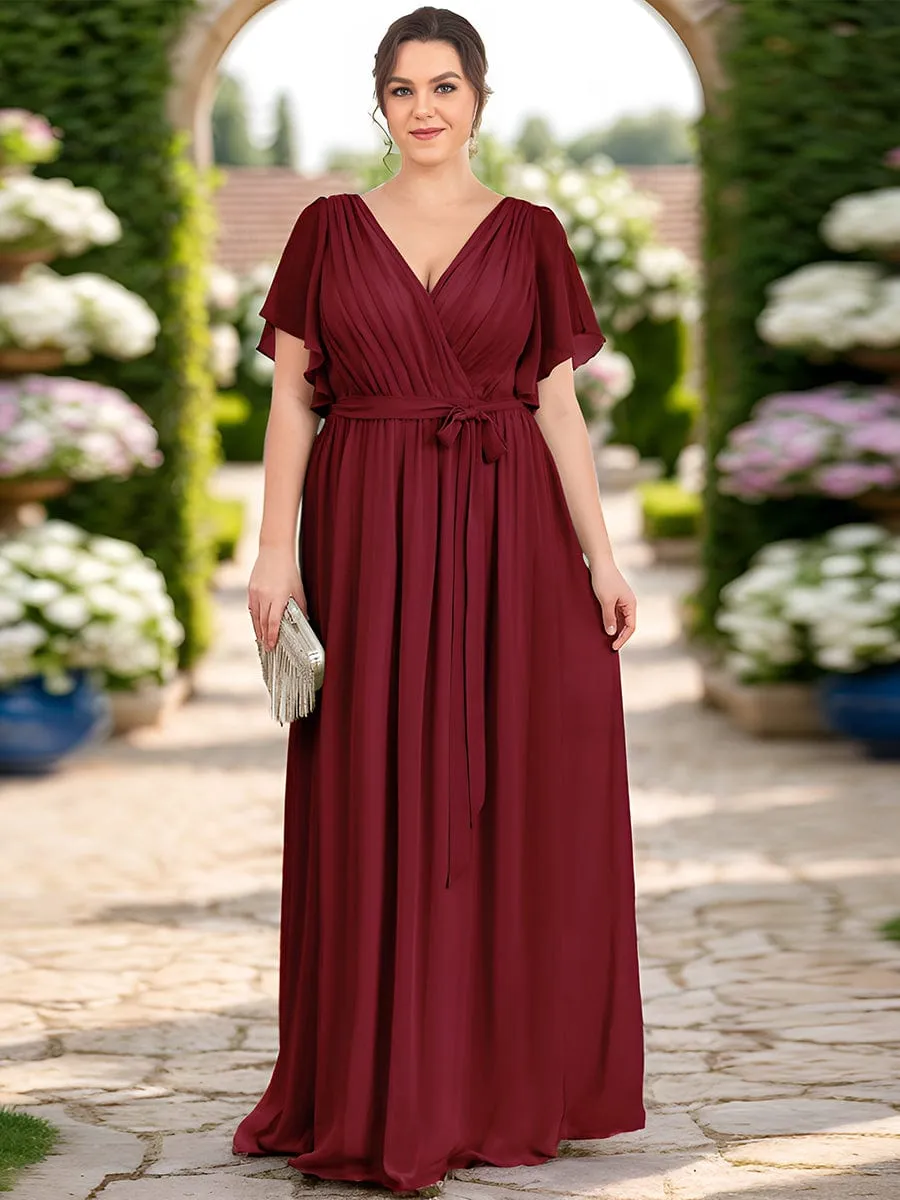 V-Neck Flutter Sleeve Floor-Length A-Line Chiffon Evening Dress