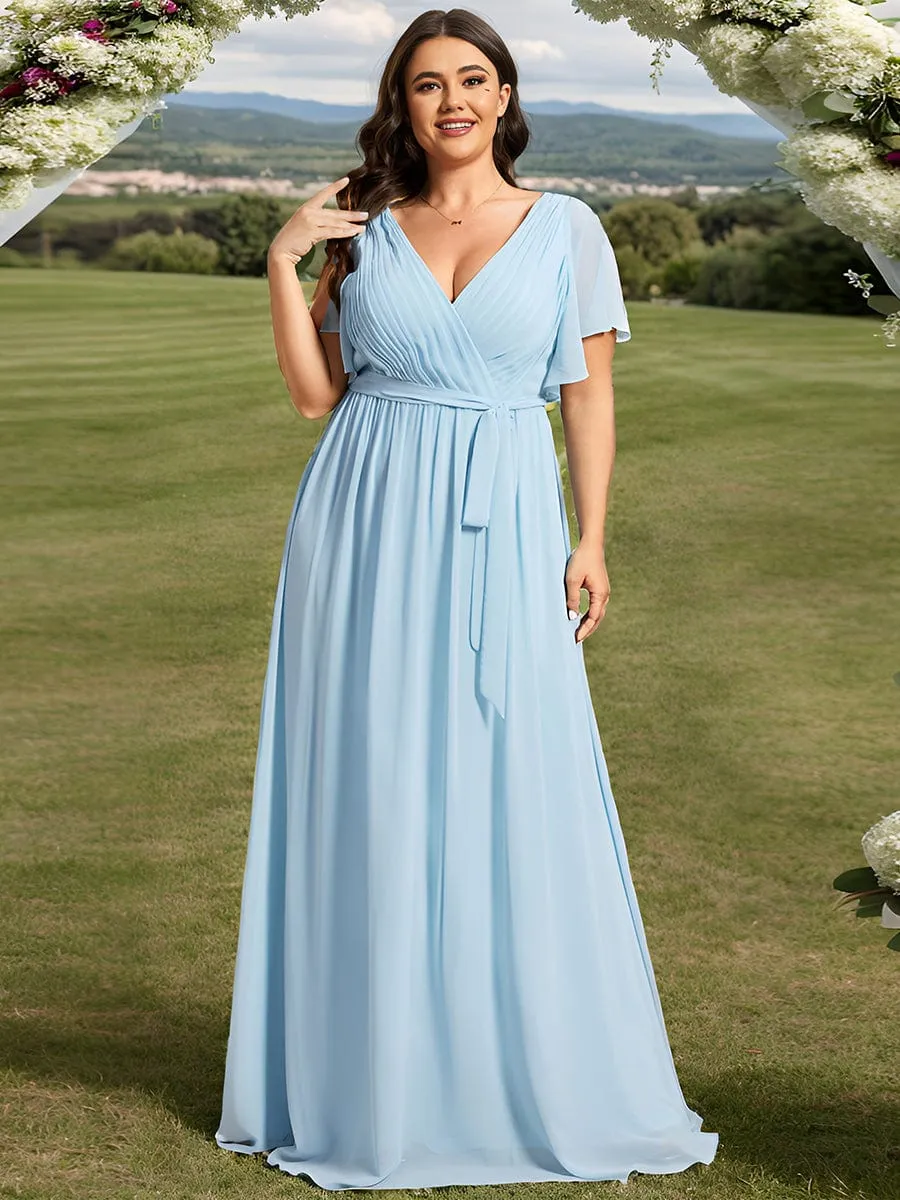 V-Neck Flutter Sleeve Floor-Length A-Line Chiffon Evening Dress