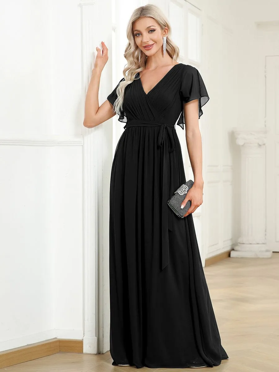 V-Neck Flutter Sleeve Floor-Length A-Line Chiffon Evening Dress
