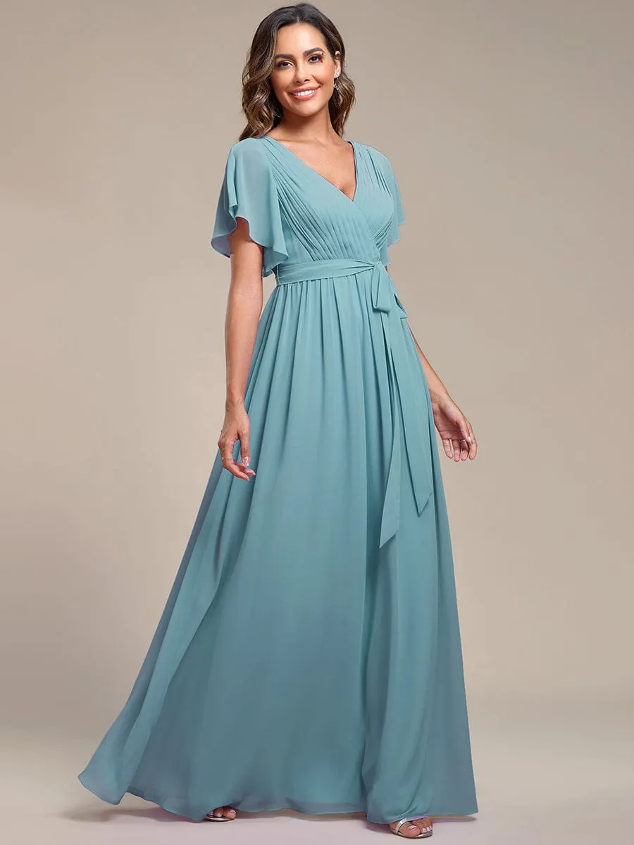 V-Neck Flutter Sleeve Floor-Length A-Line Chiffon Evening Dress