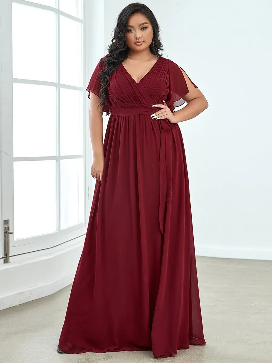 V-Neck Flutter Sleeve Floor-Length A-Line Chiffon Evening Dress