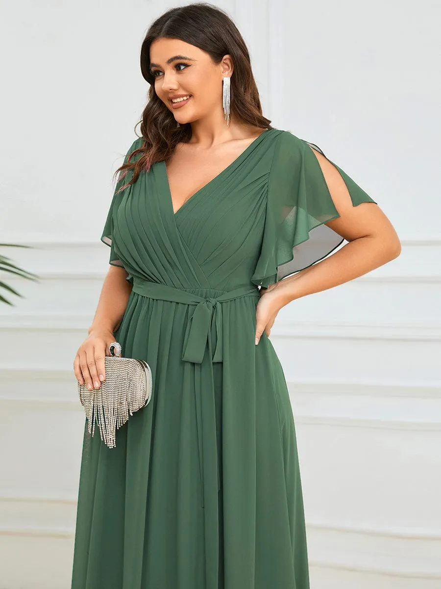 V-Neck Flutter Sleeve Floor-Length A-Line Chiffon Evening Dress